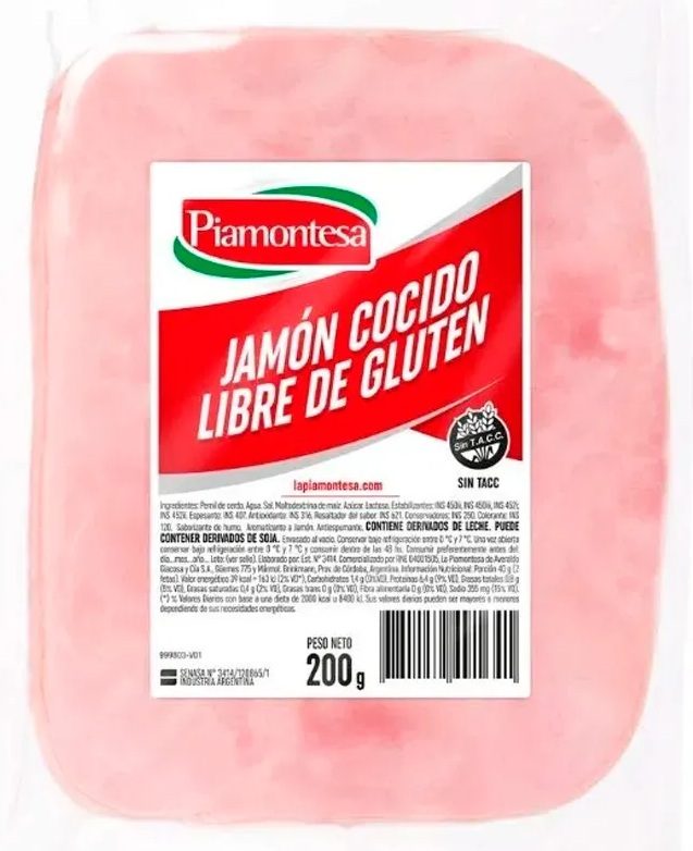 Jamon Cocido Sin Gluten feteado x 200gr Piamontesa